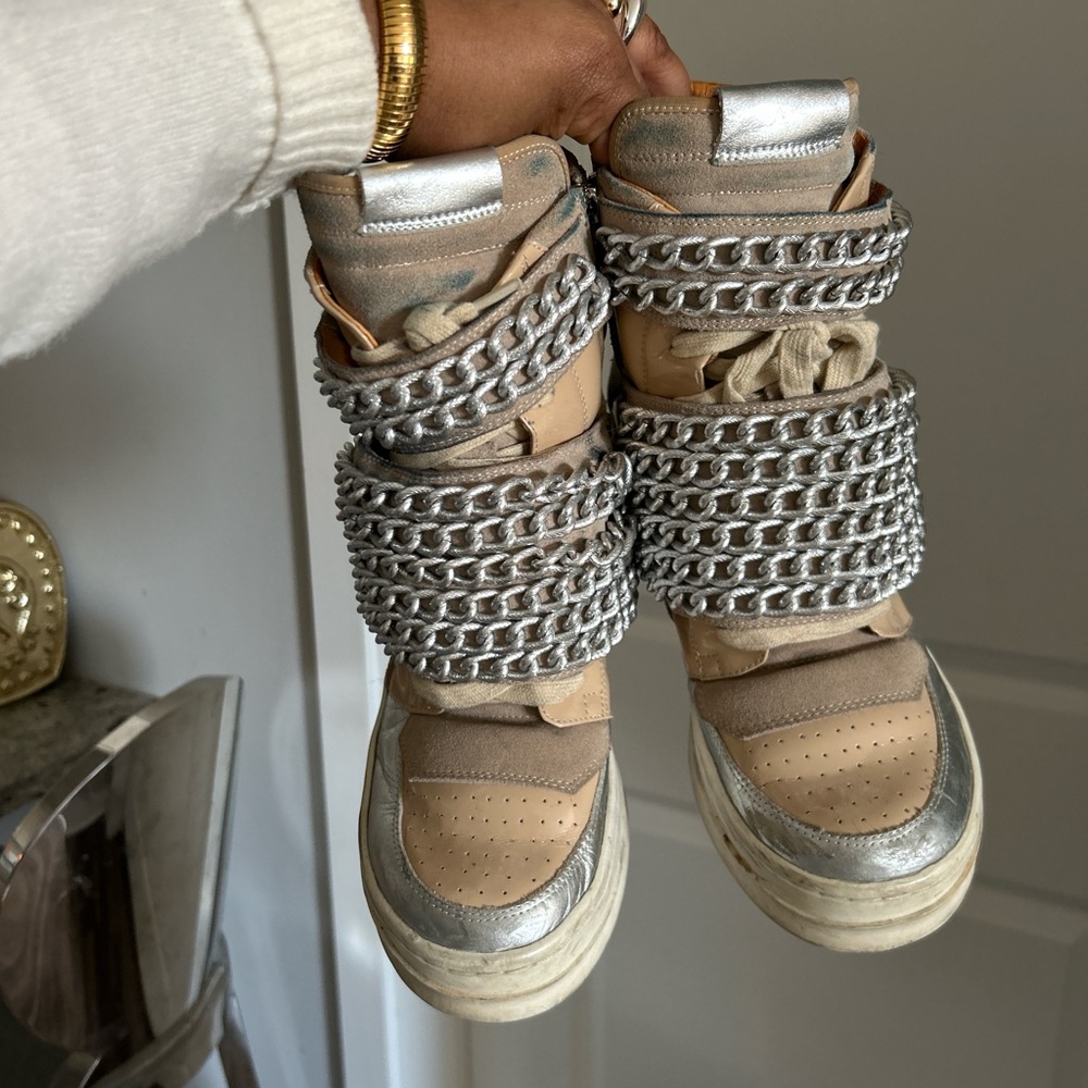 Y2K Jeffery Campbell cream and silver chain wedge sneaker boots
